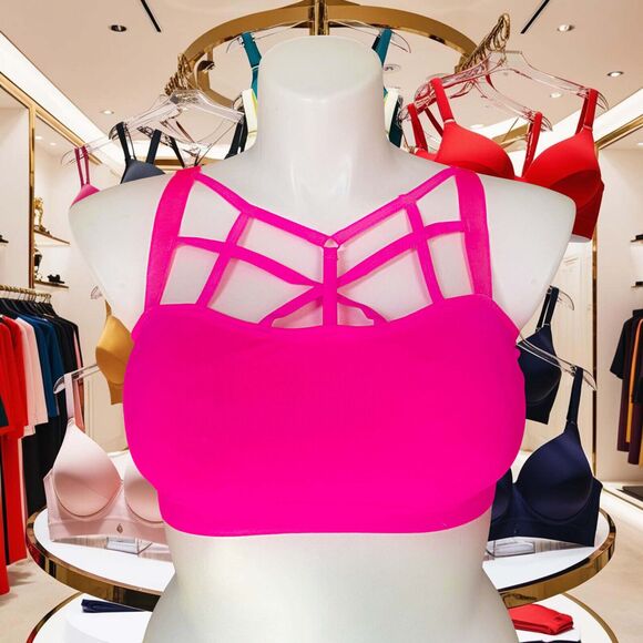 Plus Athleisure Sports Bra Womens 1x 2x Hot Pink Strappy Seamless Bralette - Picture 5 of 8